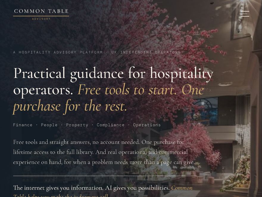 The Common Table homepage - hospitality advisory platform